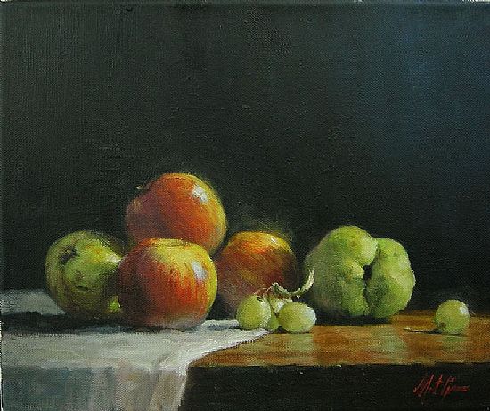 Pears and Apples with Green Grapes, Oil, 10x12inches